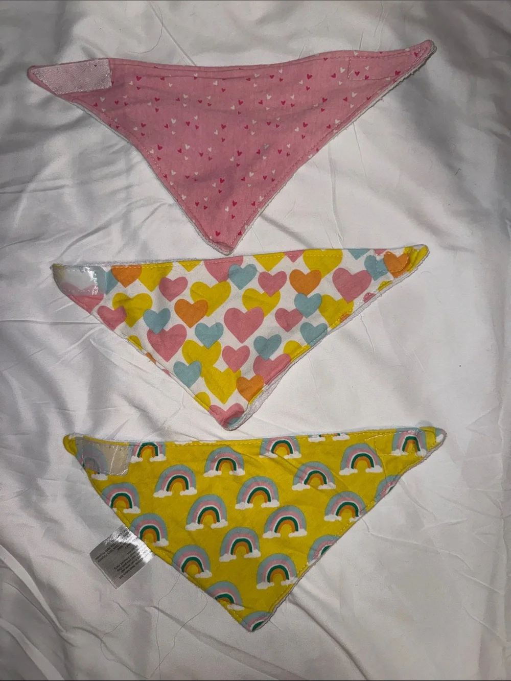 Kids 3-Pack Bandana Bibs - Pink, Multicolor Hearts, Yellow Rainbows